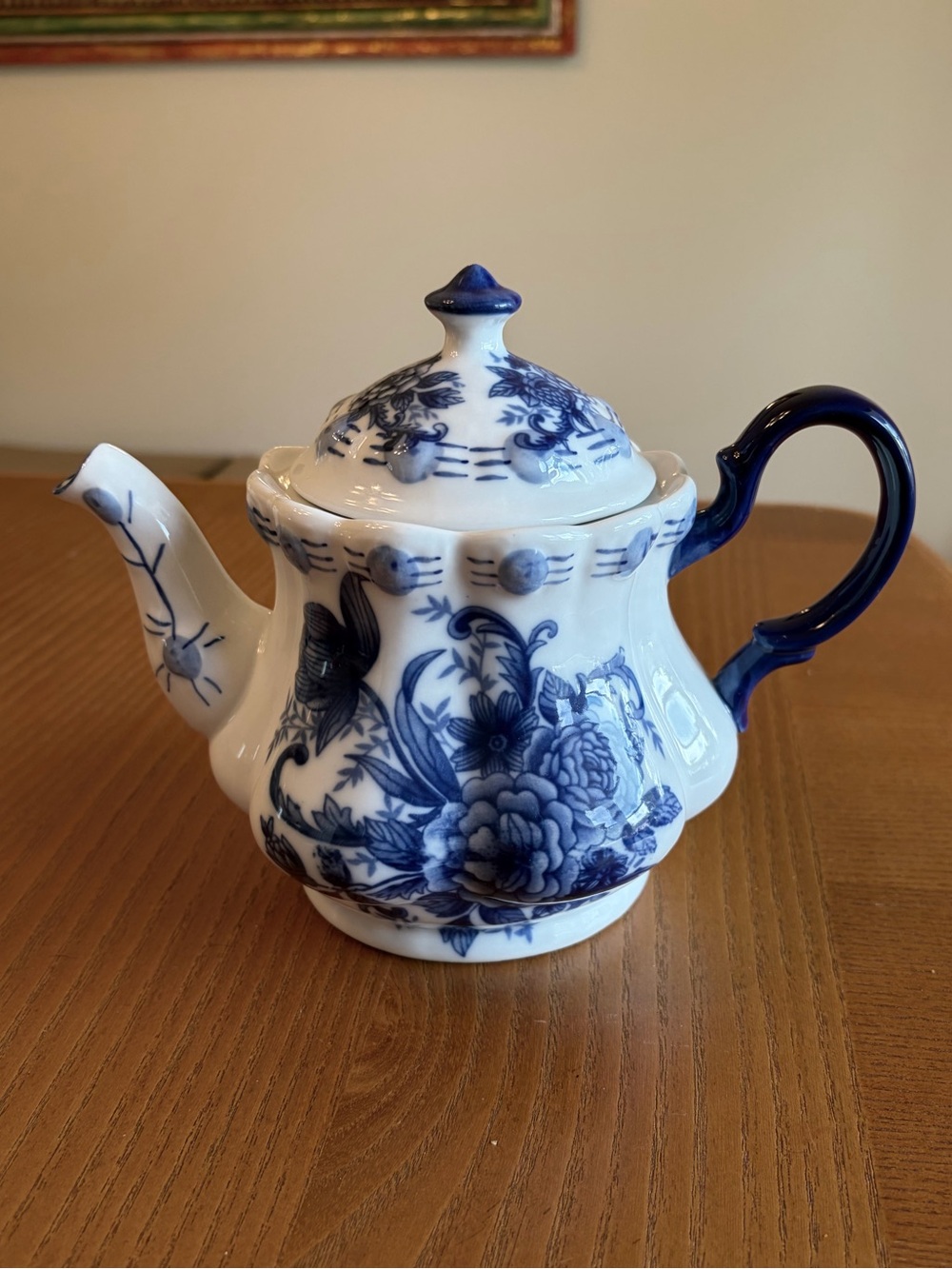 Cracker Barrel Blue and White Floral Porcelain Teapot - Classic Home Art Accent